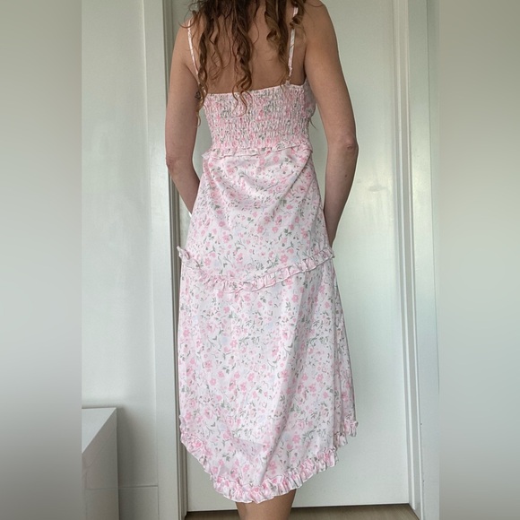 New light Pink Floral stretch-waist ruffled Midi Dress Size M #wedding #summer - Picture 3 of 8